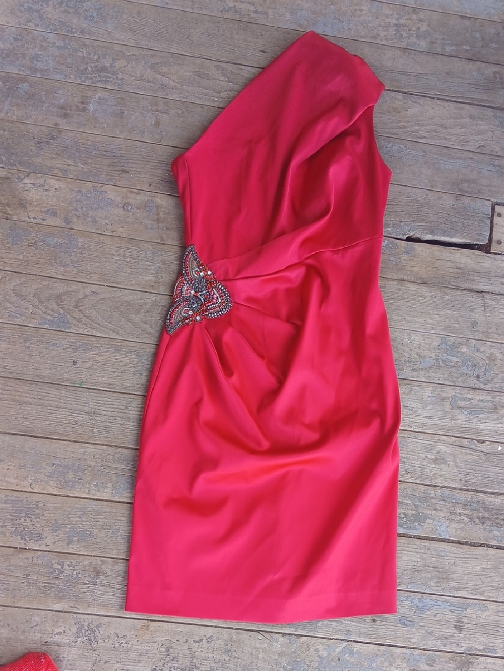 Eliza J One-Shoulder Red Cocktail Dress with Beaded Waist